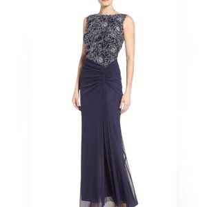Tadashi Shoji Draped Tulle & Embroidered Lace Navy Sleeveless Gown Womens 16P
